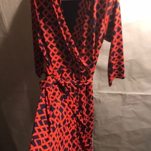 Red-orange/blue wrap dress by Liz Claiborne.